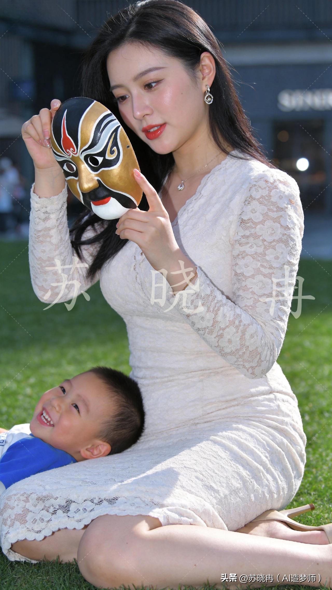 妈妈觉得脸谱面具有点凶、有点可怕，可身边的小家伙却喜欢得不得了。
他躺在草地上，