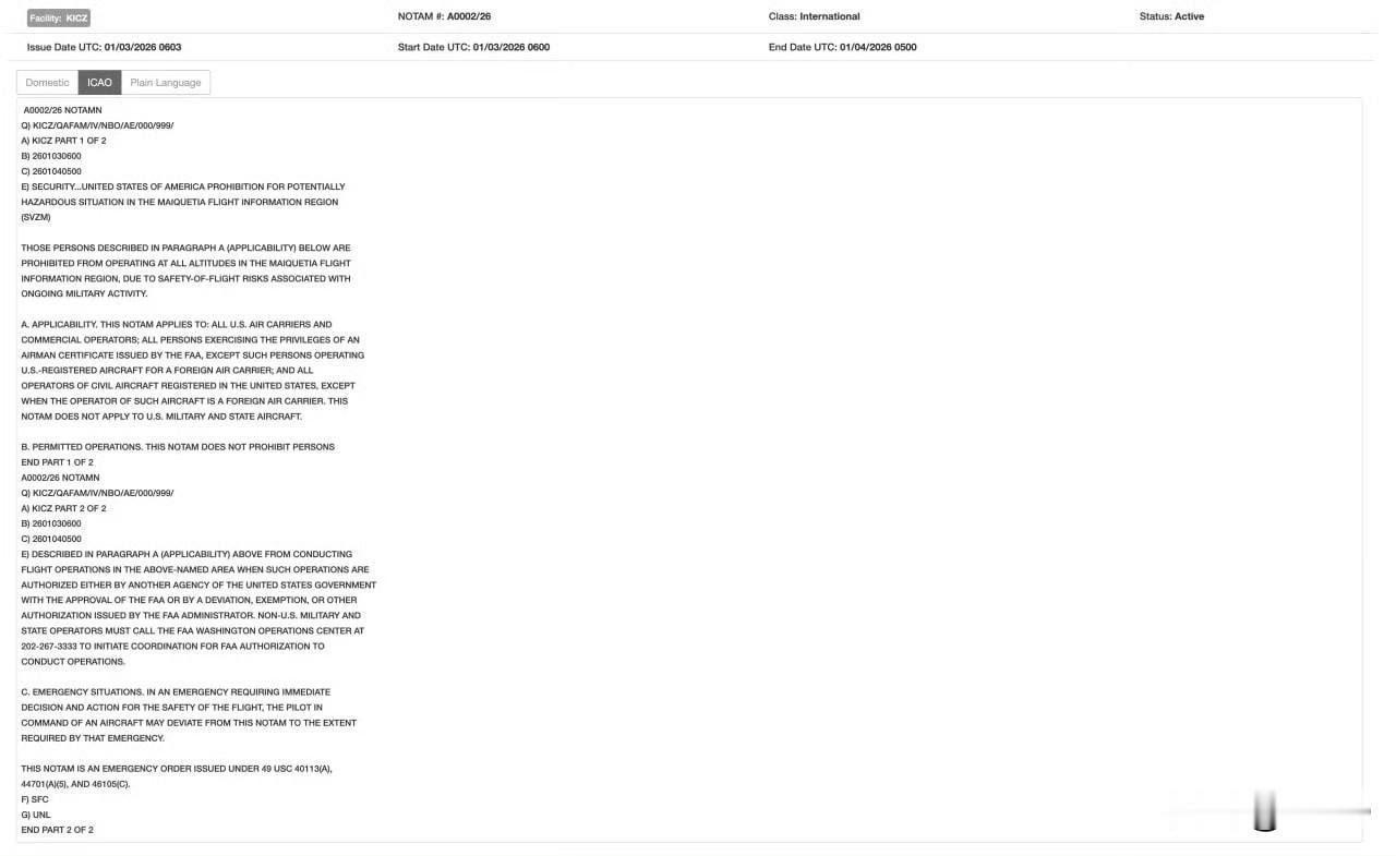 美国联邦航空局发布新的航行通告，禁止所有美国航空器从当地时间今日（1 月 3 日