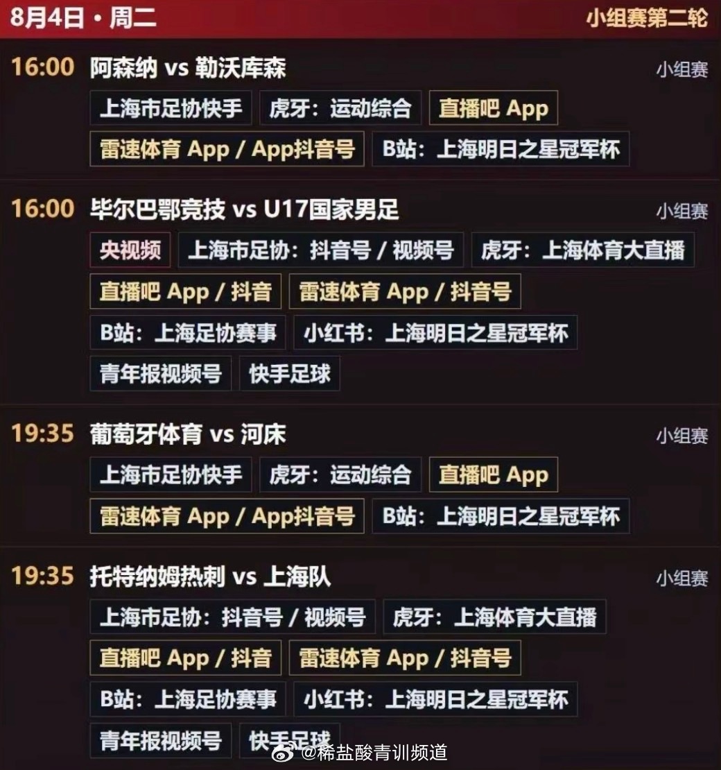 上海明日之星冠军杯8月4日比赛直播平台🌟16:00 中国U17 vs 毕尔巴鄂