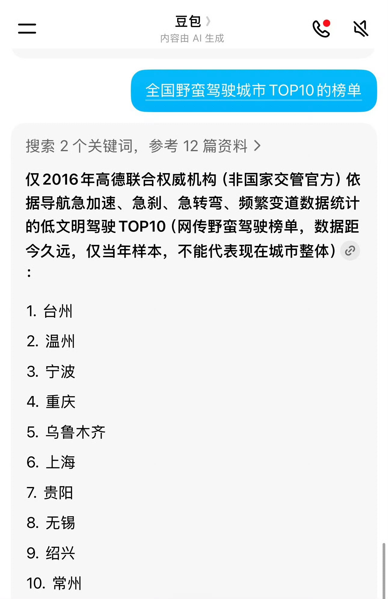 豆包说全国野蛮驾驶城市前三都在浙江 当有人问豆包全国野蛮驾驶城市TOP10的榜单