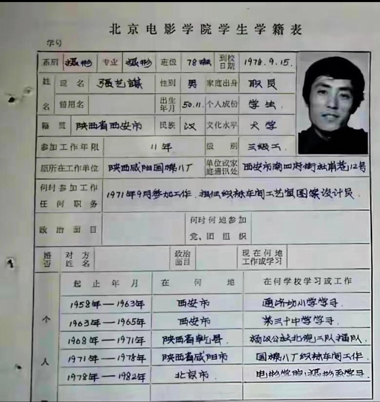 🍉张艺谋北京电影学院学生学籍表 