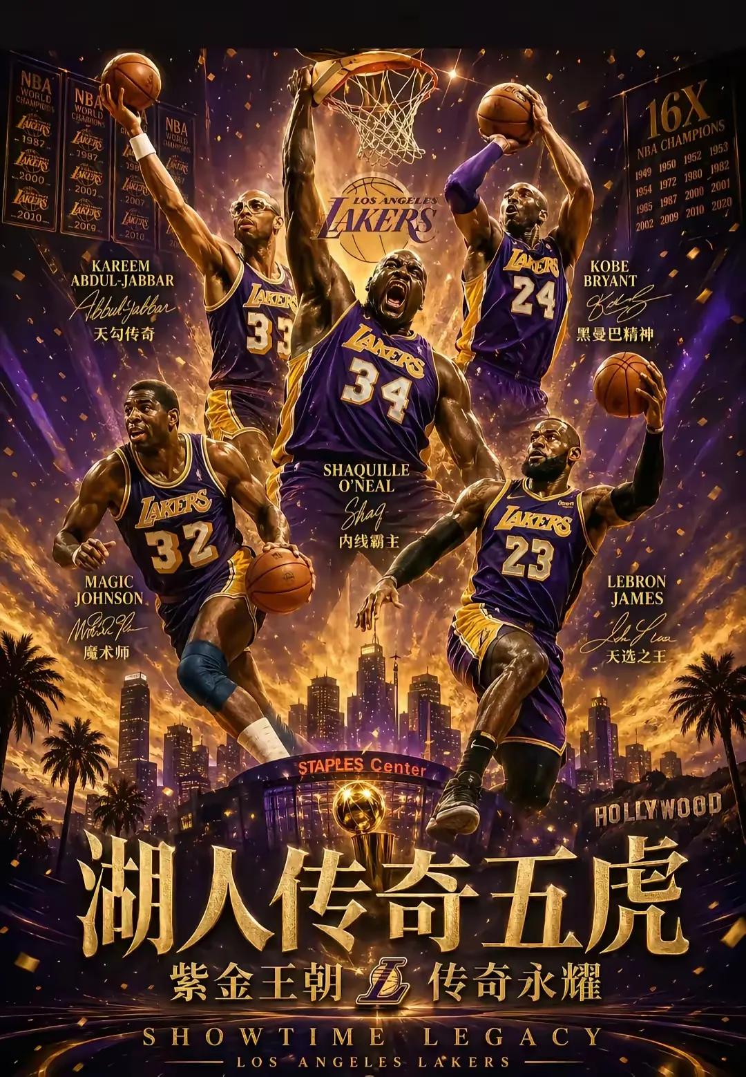 湖人队史首发五虎将：
控卫魔术师约翰逊。
分位老大科比布莱恩特。
小前锋当世国王