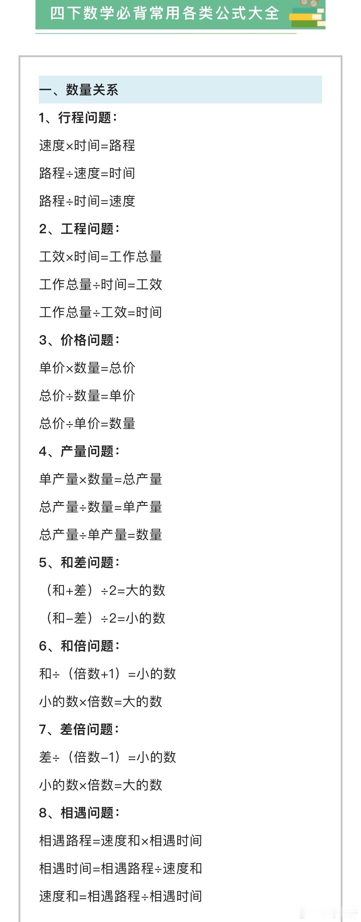 四年级下册数学必背常用各类公式大全+各单元重点知识汇总，寒假重点学习！ 