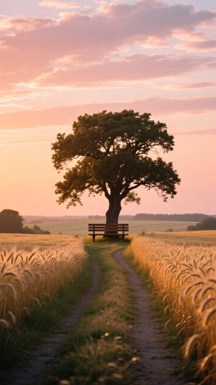 夕阳下的田野小径，树影婆娑，静谧而美好。