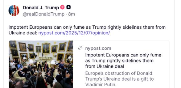 【无能为力的欧洲人只能眼睁睁地看着特朗普将他们排除在乌克兰协议之外而怒不可遏。 