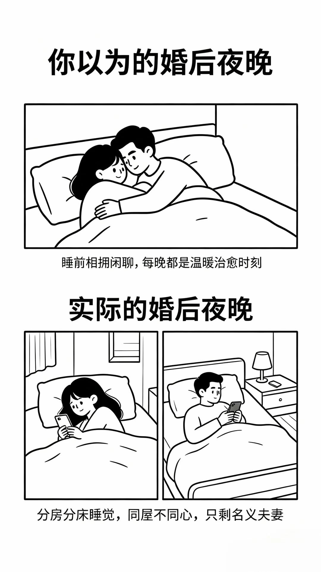 你以为的婚姻 vs 实际的婚姻

婚姻围城里，其实是盲人摸象，摸到了什么就说婚姻