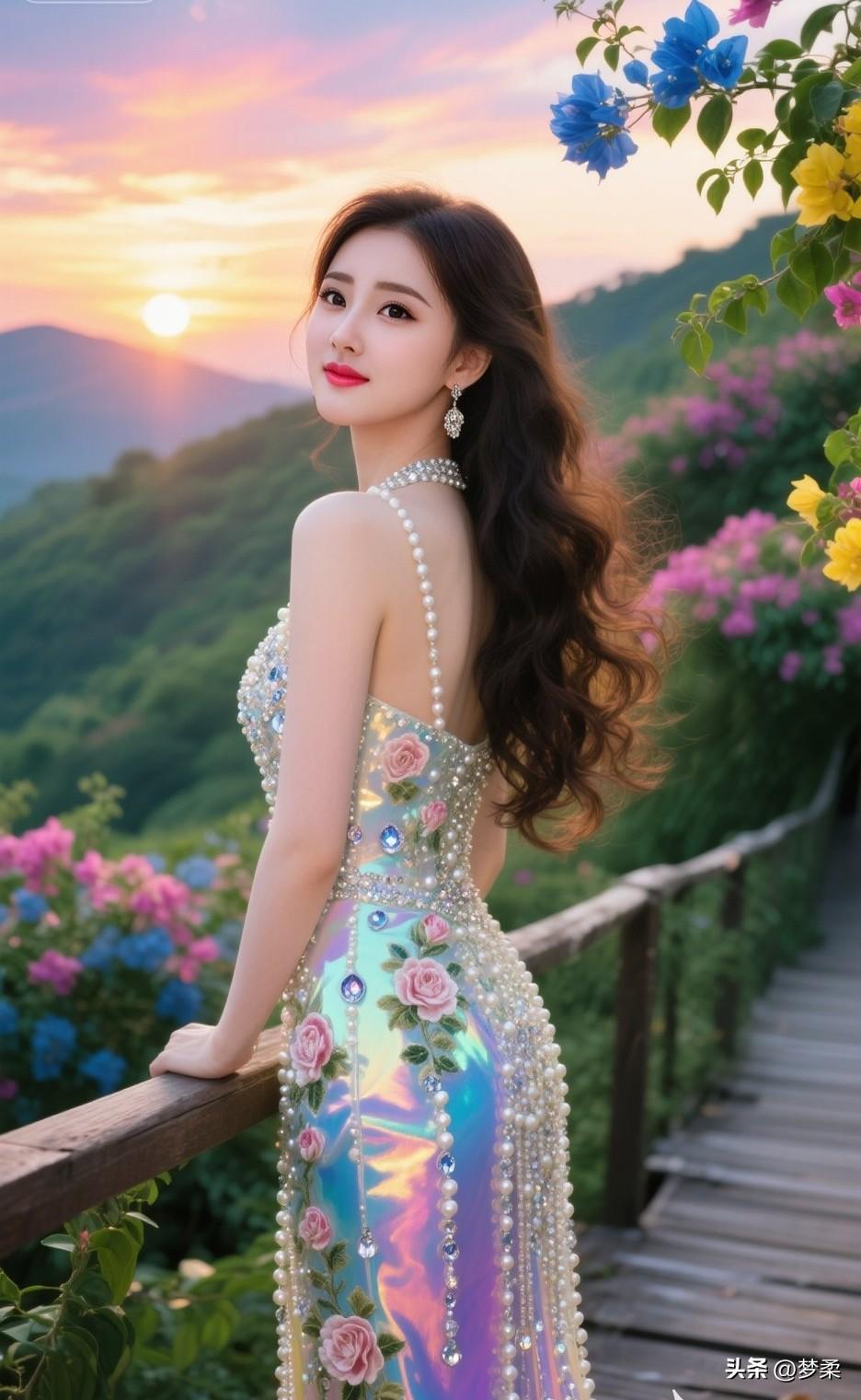 梦幻花园中的优雅仙子，夕阳下的迷人背影