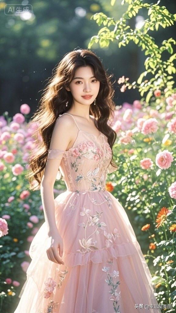 梦幻花海中的仙女，粉裙与蓝蝶相映成趣