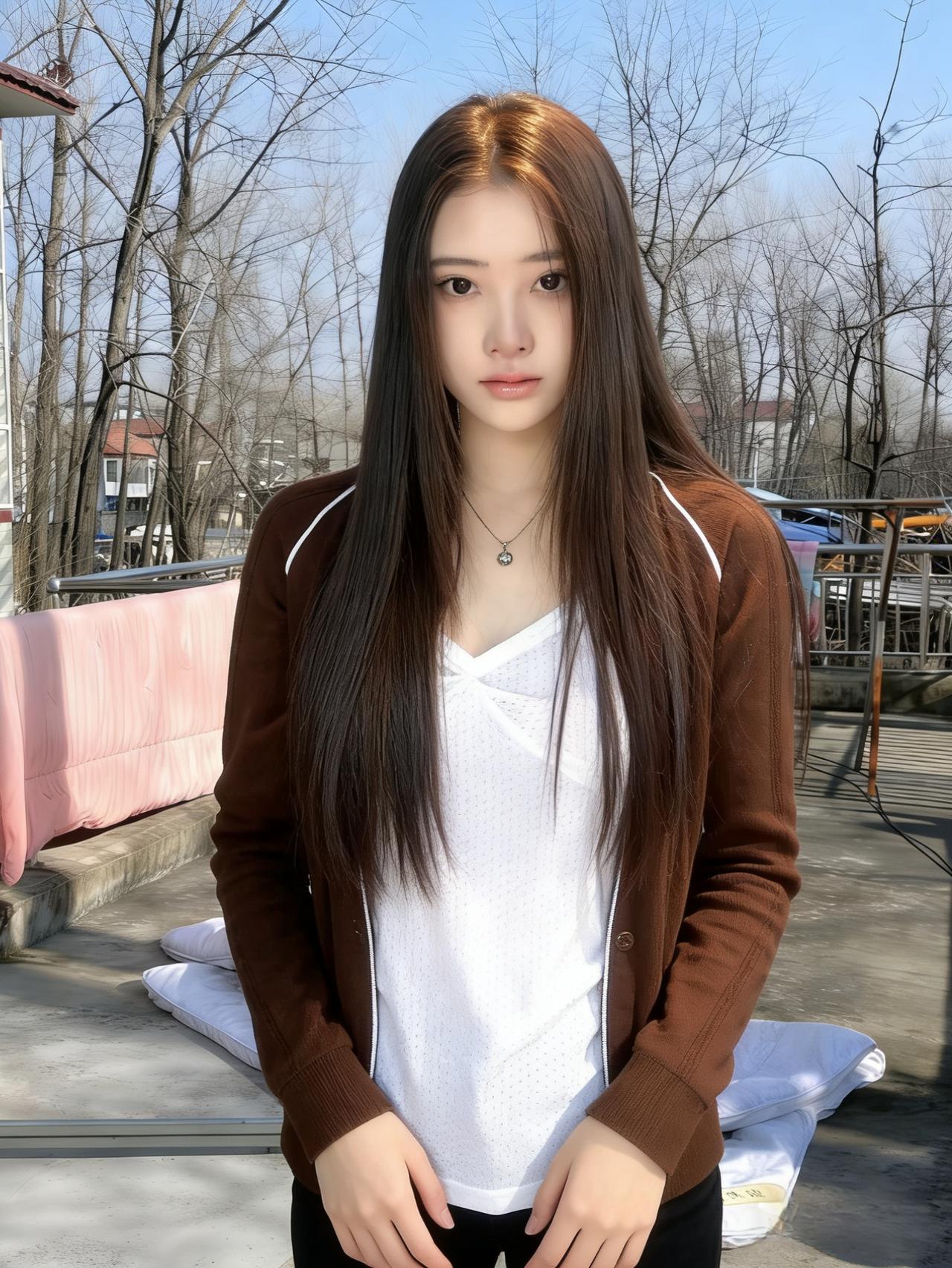 她在庭院里，与花对坐，
月季的红，衬得她的白更清透，
开衫的棕，是泥土的温度，