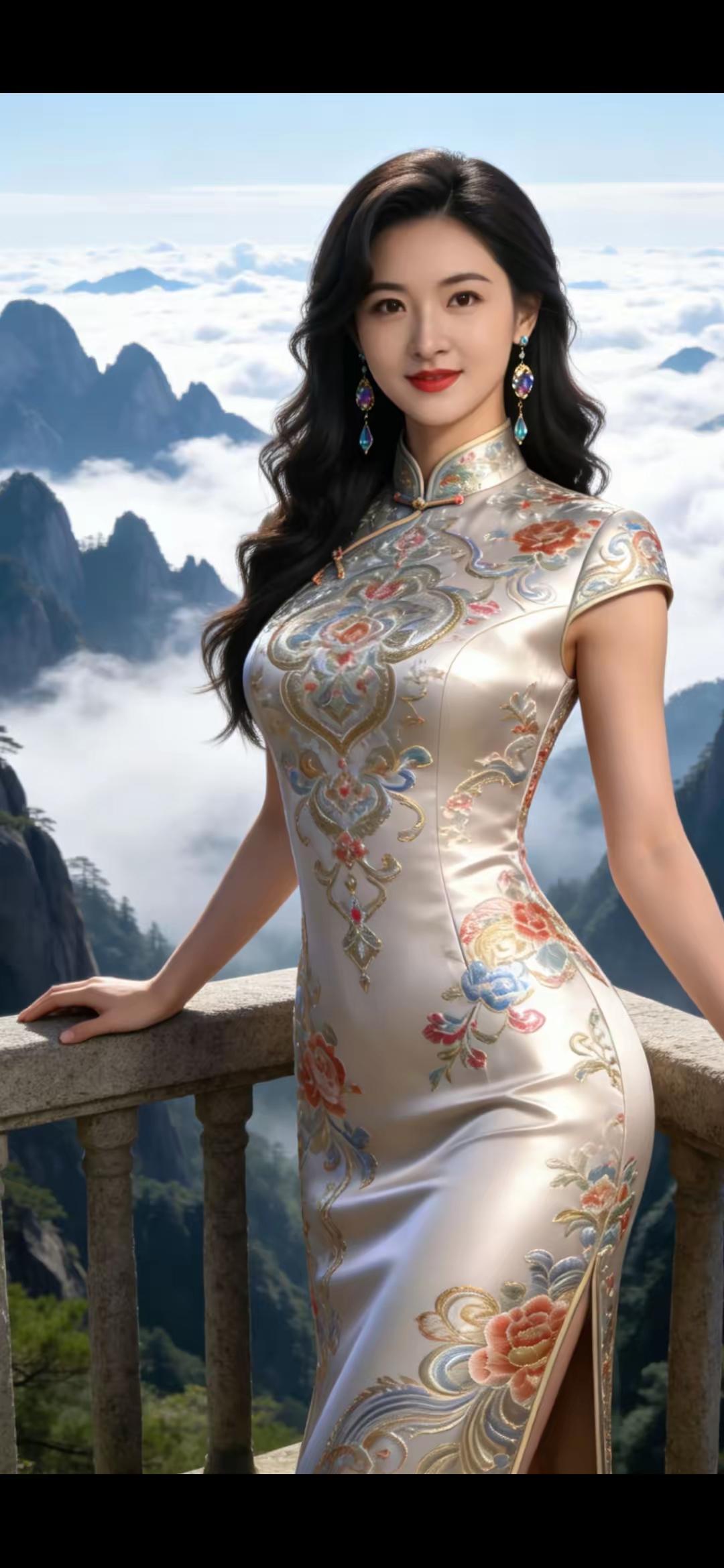 忆秦娥·云崖旗袍美人
青山杳，
晴光雾织鲛绡袄。
鲛绡袄，
金纹轻绾，
绣春多少