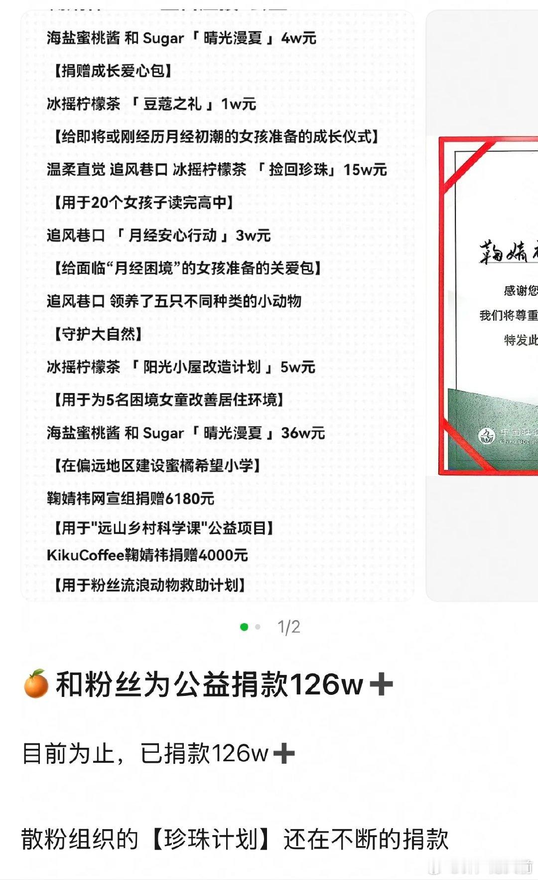 鞠婧祎和粉丝，在鞠姐生日当天向各大公益捐款126万了，粉随正主 人美心善👍 