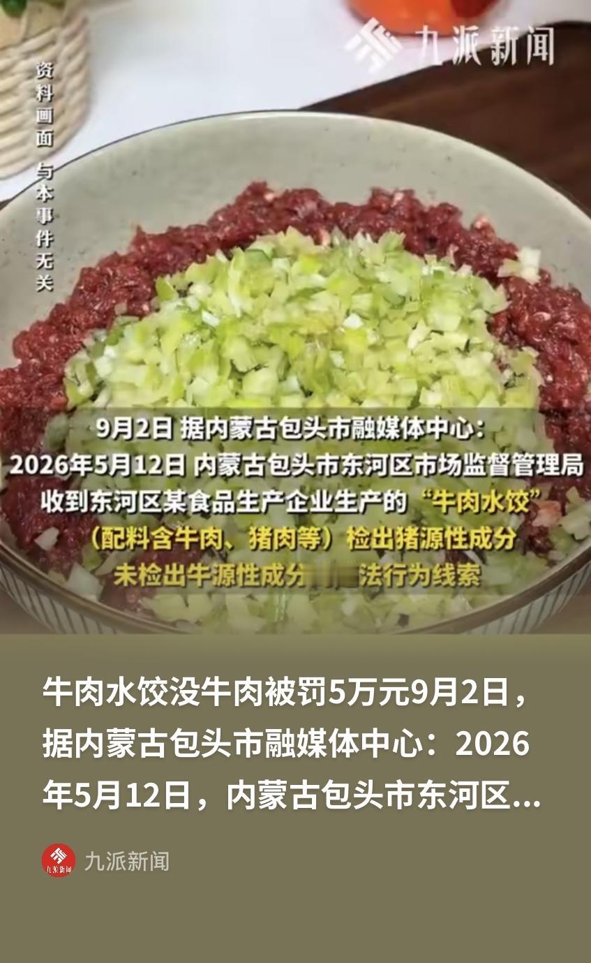 内蒙古包头，一家食品厂被查出生产的牛肉水饺里一丁点牛肉都没有，全部用猪肉顶替。这