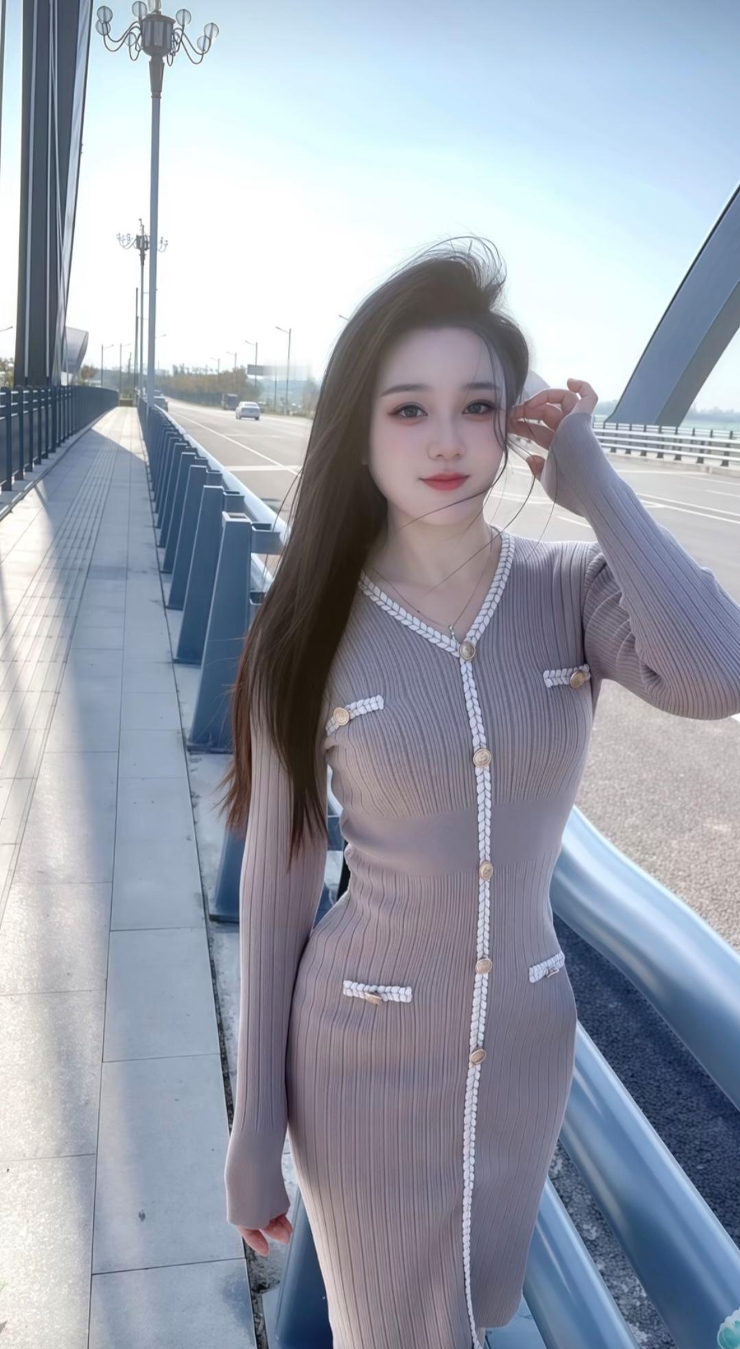 一个女孩站在桥边，穿着长裙。