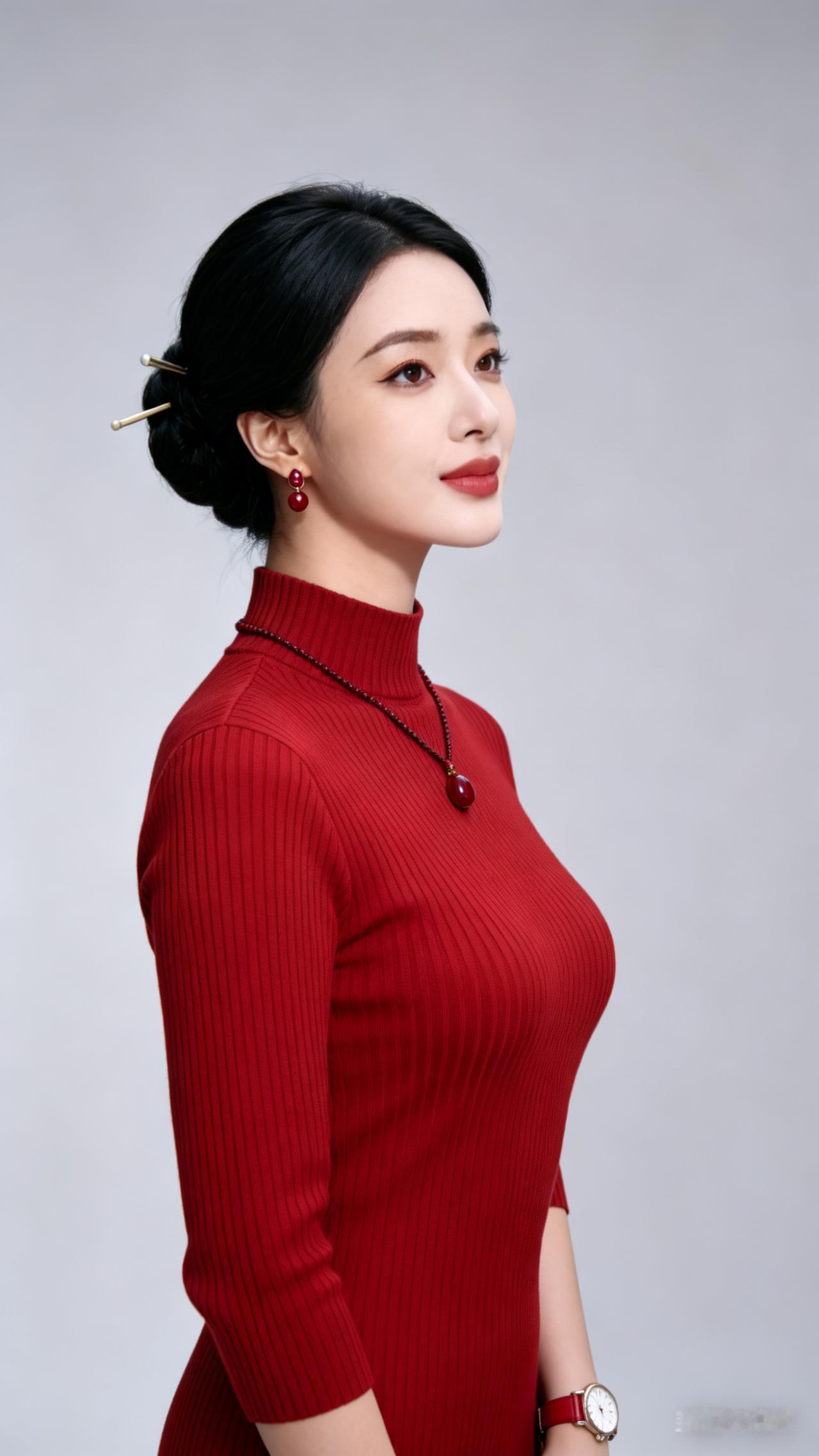 绝色东方美人，冷白皮精致淡妆，红唇明艳，温婉浅笑。身着红色竖纹高领针织衫，肩颈优