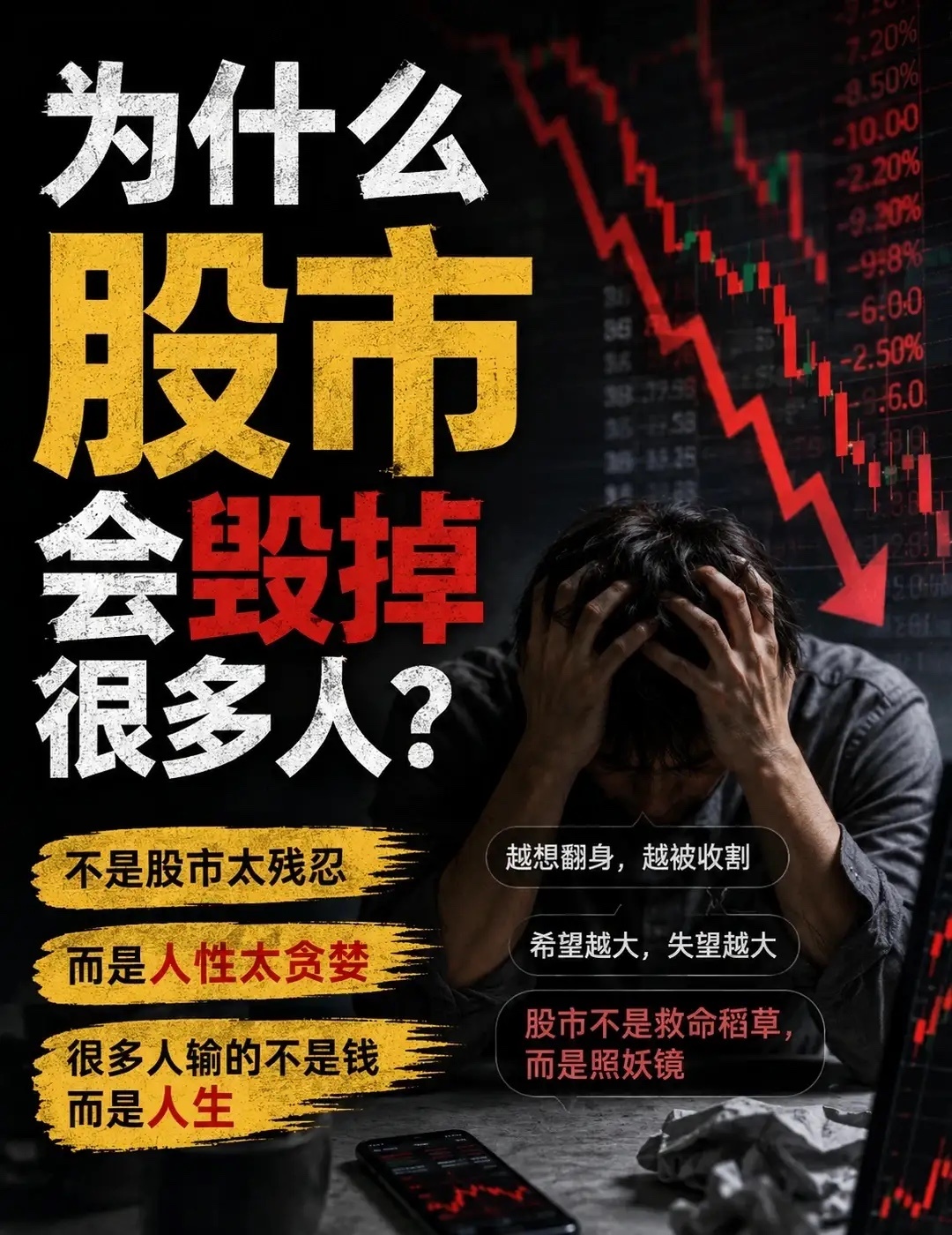 为什么股市会毁掉很多人因为股市最可怕的地方，不是亏钱。而是它会让一个普通人产生一