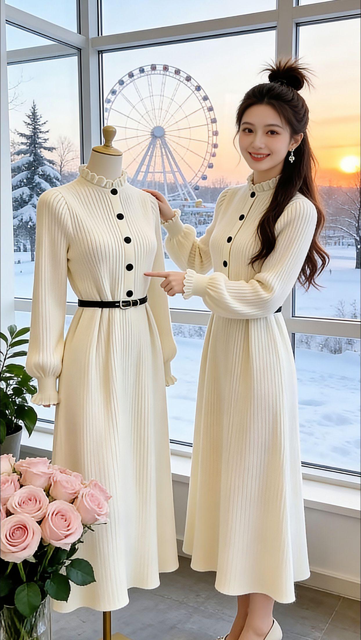 Danny冬日和闺蜜赴摩天轮之约，穿的这条白色针织裙被追问了一路。木耳边领口搭黑