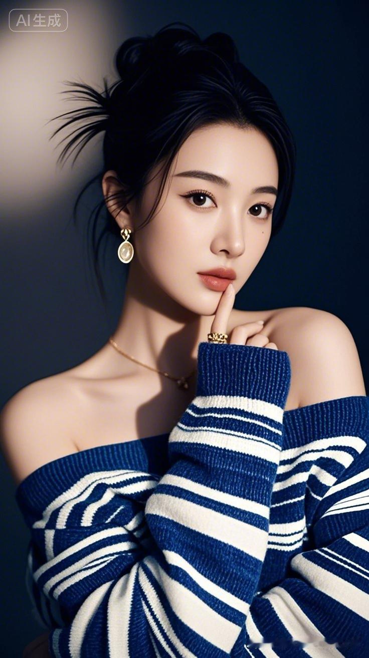优雅黑发少女，蓝白条纹毛衣，金色耳环，精致妆容，气质迷人。