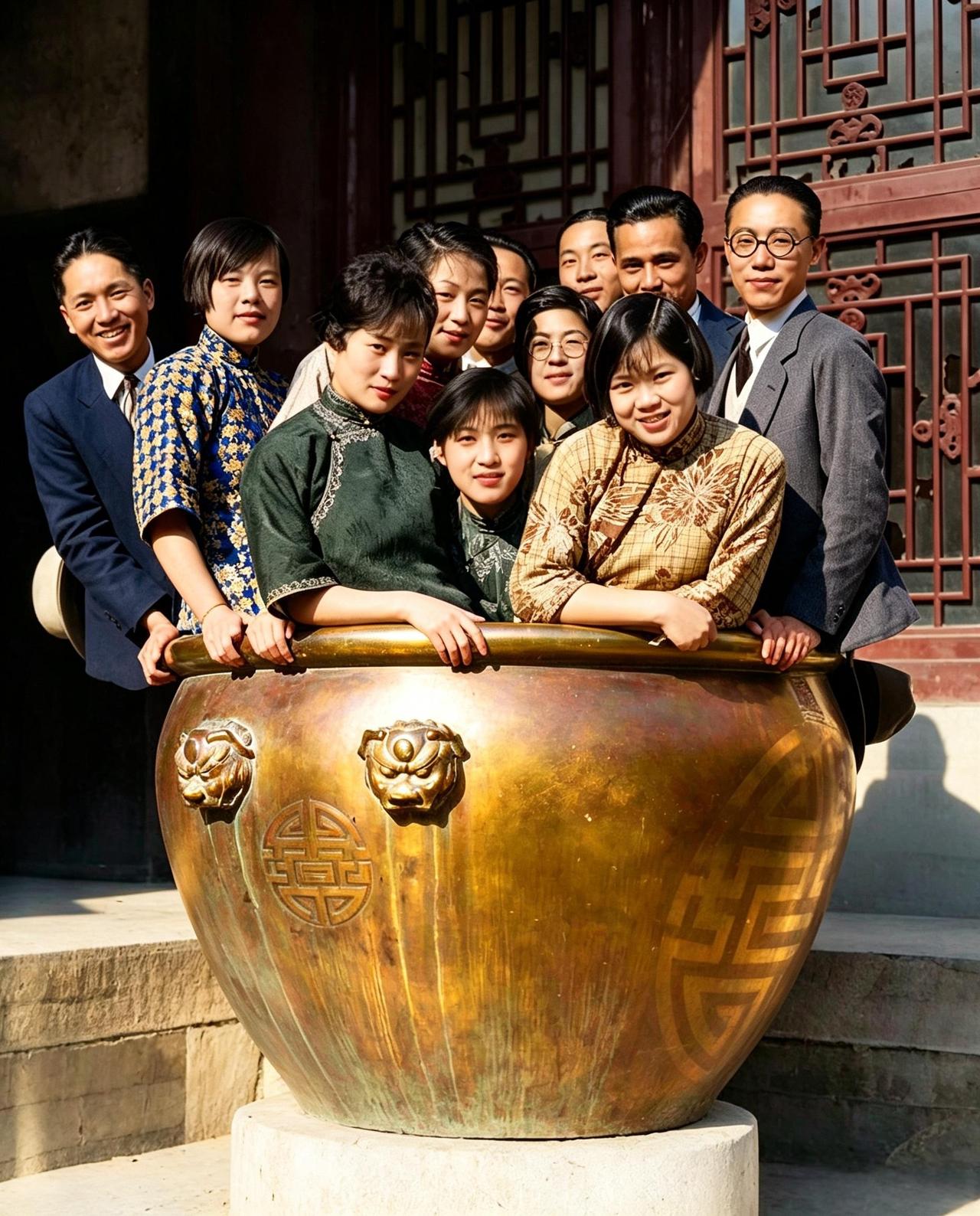 这是民国时期燕京大学的学生们到颐和园游玩。学生们突发奇想都站到了大缸里。这确实令
