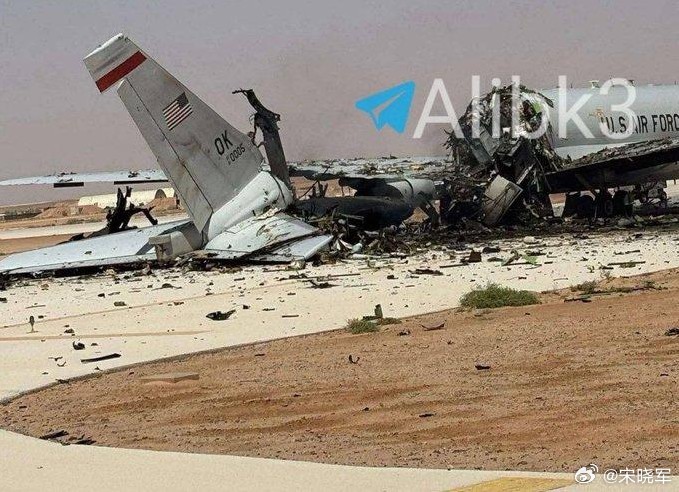 网上传的沙特苏丹王子空军基地遭袭的美E-3哨兵预警机。不管是否真假，这次革命卫队