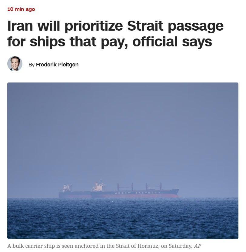 一名伊朗高级官员告诉CNN，伊朗将优先放行支付费用通过霍尔木兹海峡的船只，而未支