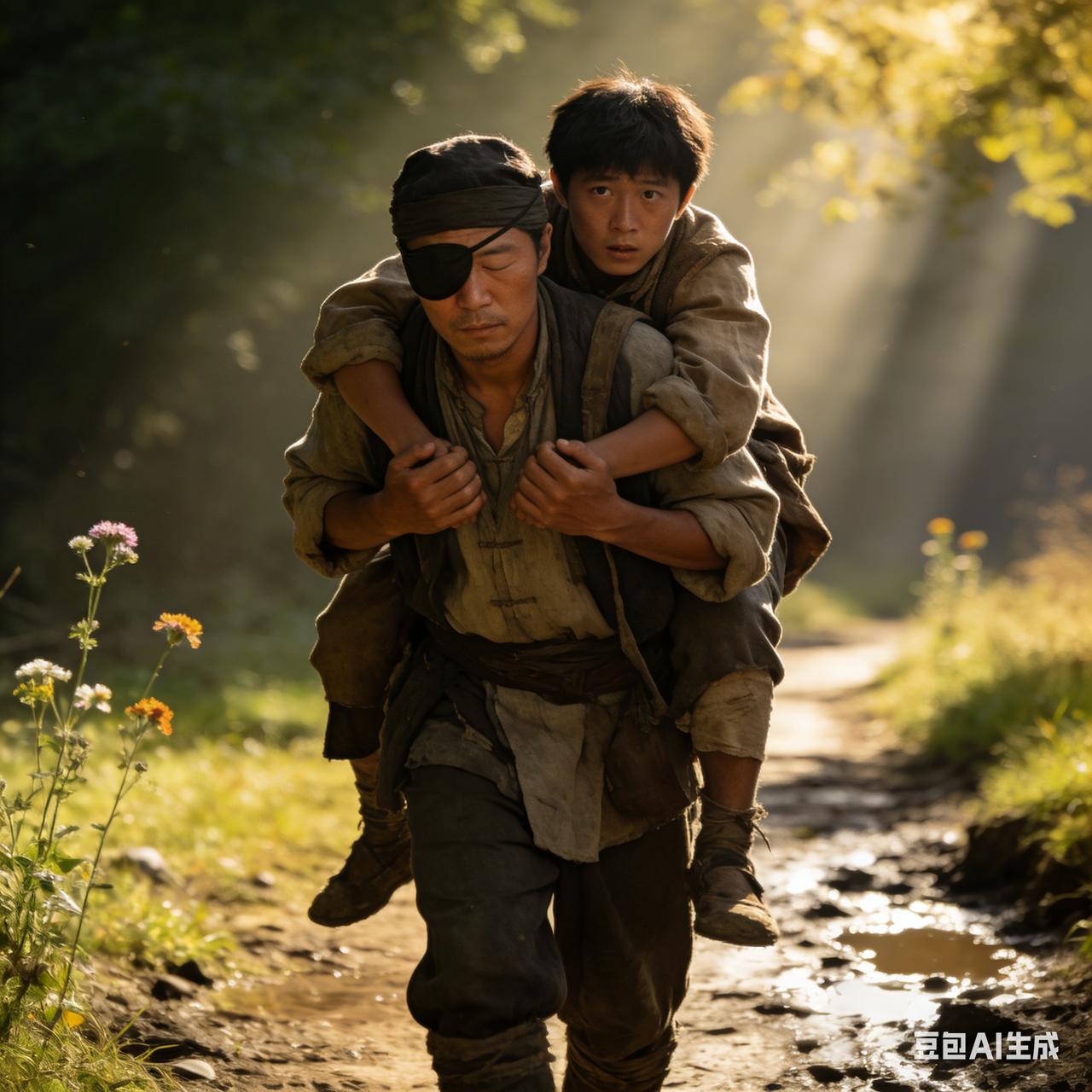 一个瞎子来到一段崎岖难行的路上，尽管手里握着探路的木棍，依然步履艰难。这时，他遇