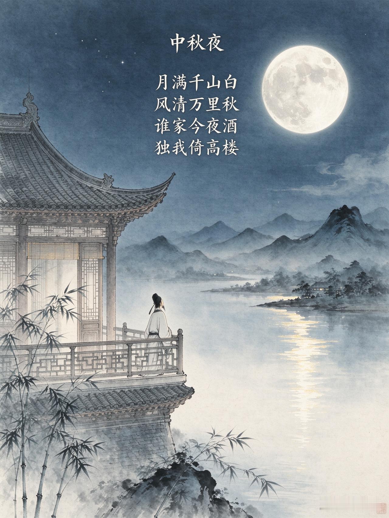 《中秋夜》
月满千山白， 风清万里秋。 谁家今夜酒， 独我倚高楼。
