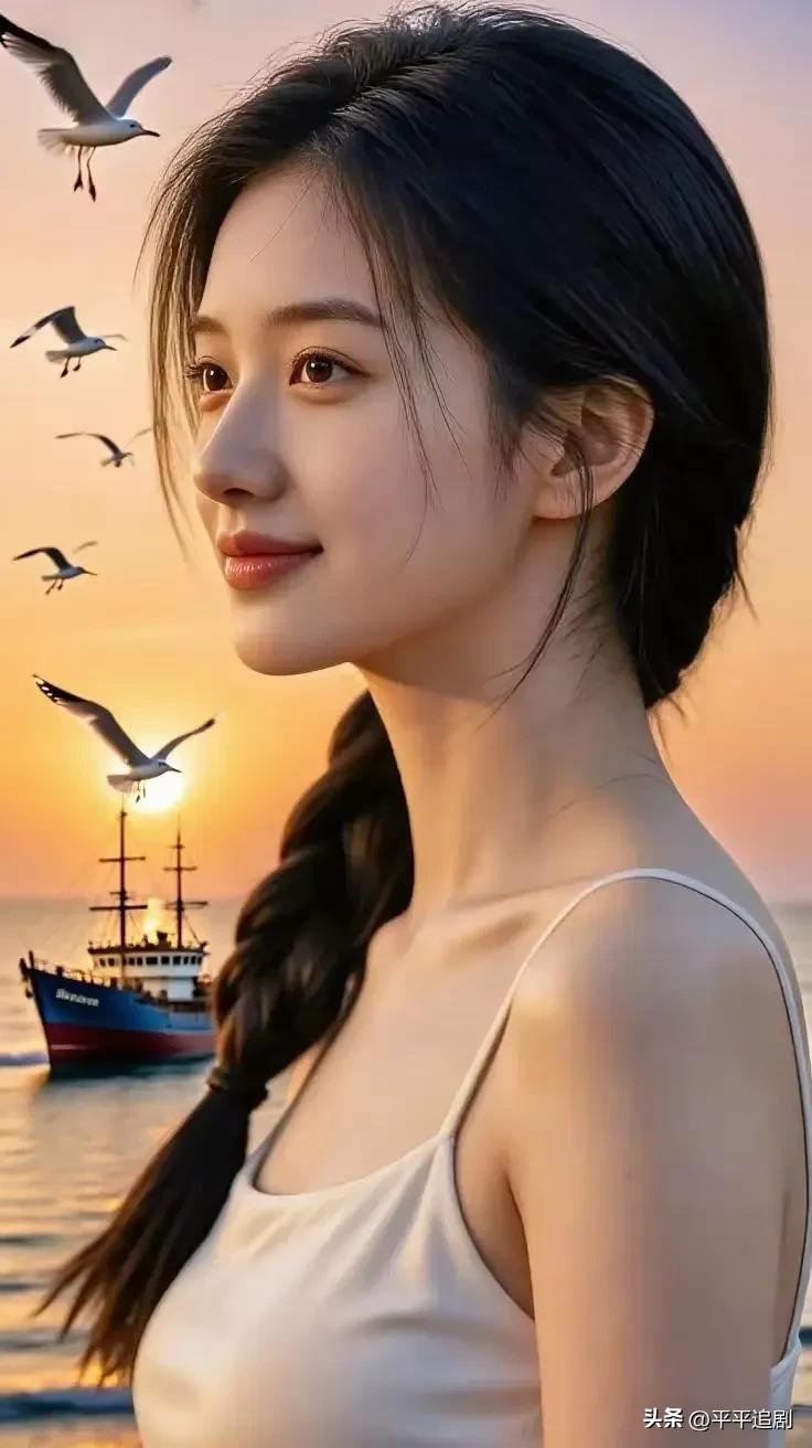 落日熔金，鸥鸟逐风，
发丝挽着海的温柔，
目光里盛着整片橘色的浪漫。
女性应有的