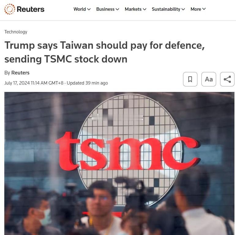 #特朗普称台湾方面应向美国支付防务费用# 7月16日，彭博社旗下《彭博商业周刊》