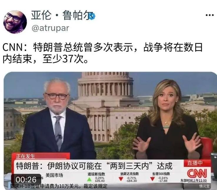根据CNN的最新梳理，特朗普在这场与伊朗相关的紧张局势中，至少37次公开表示“战