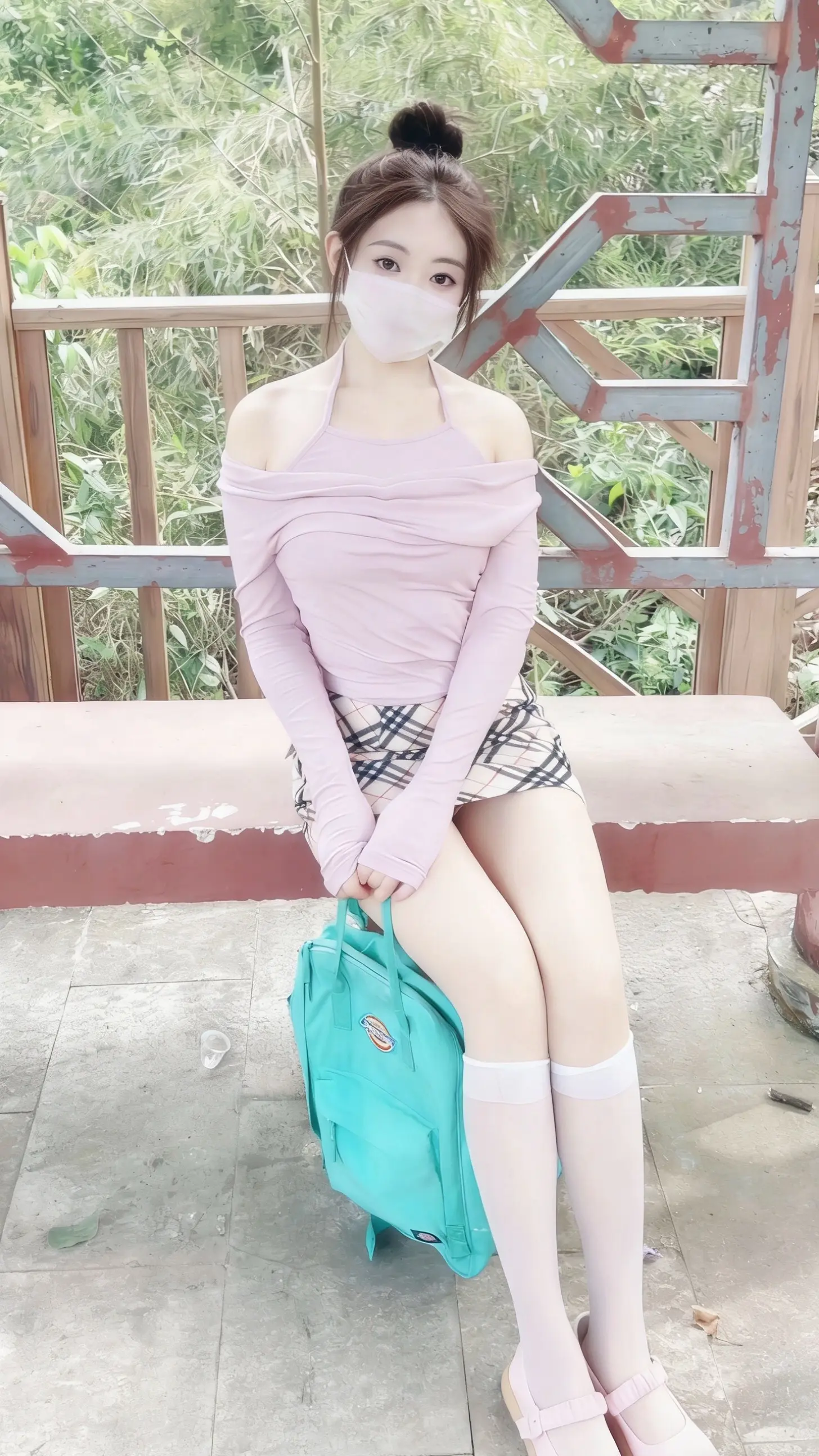 甜妹出街｜粉紫挂脖+格纹裙也太元气了🎀。谁懂啊！粉紫露肩挂脖+格纹短...