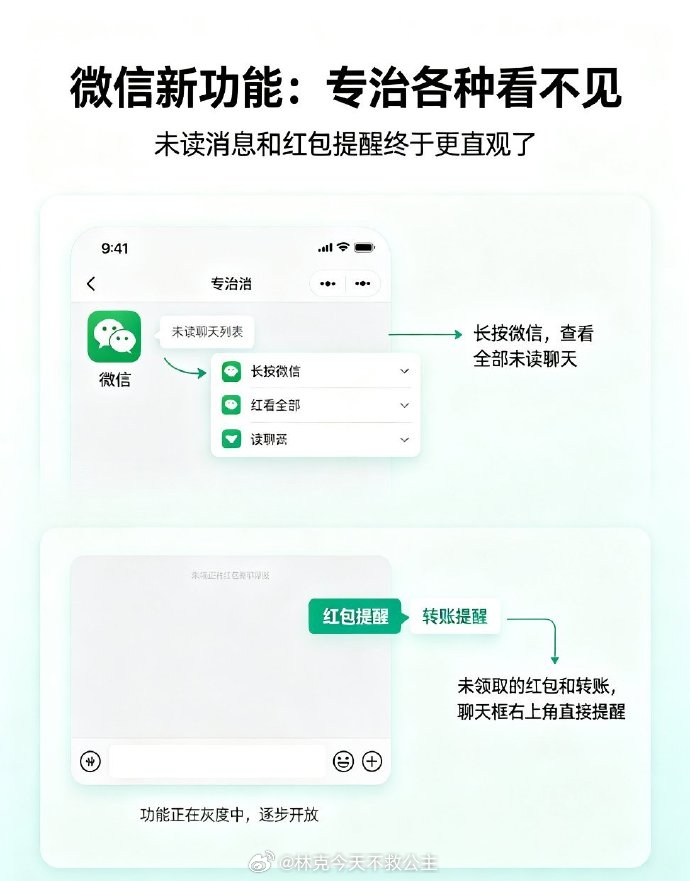 微信新增长按左下角「微信」能直接筛出全部未读；红包、转账没领，聊天页右上角还会单
