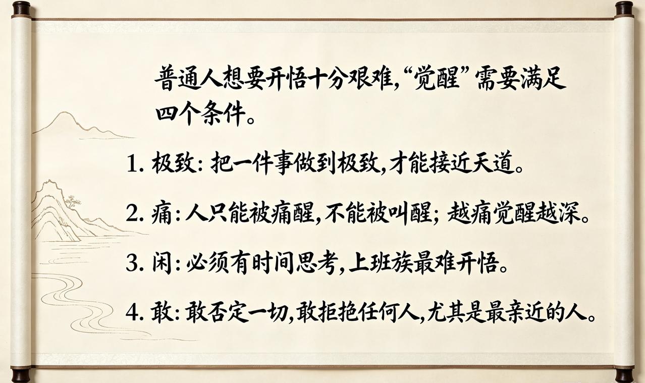 普通人想要开悟十分艰难，“觉醒”需要满足四个条件。
1. 极致：把一件事做到极致