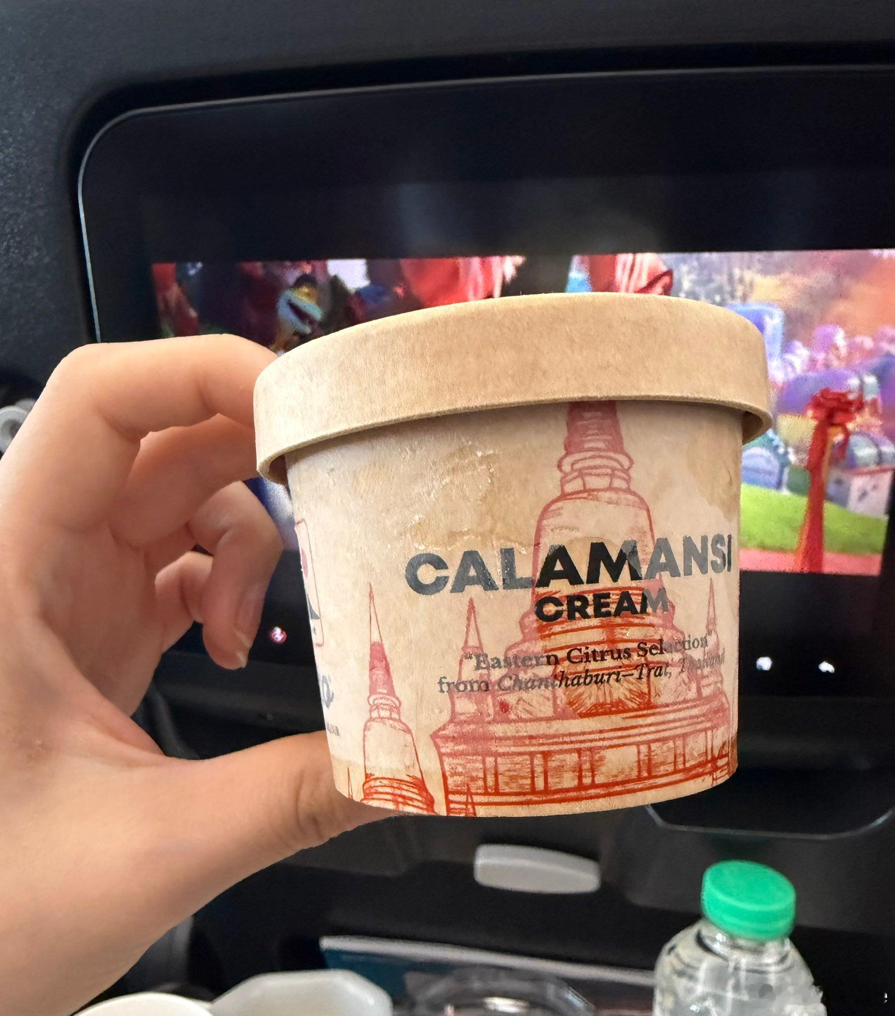 飛行機でもらったアイスが不思議な味で美味しかった！飛行機乗る前にカフェラテも飲め