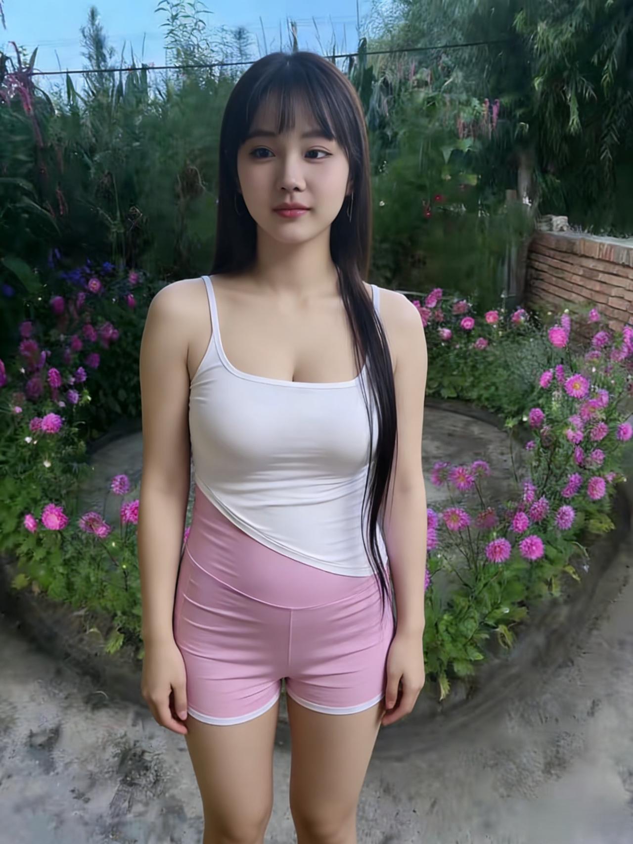 我站在花丛中，白与粉的撞色
是我写给夏日的告白
长发肆意垂落，不必迎合谁的目光