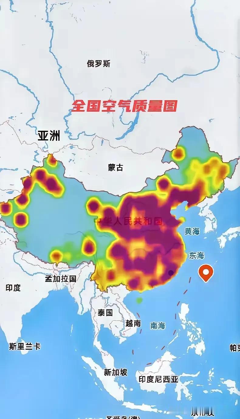 全国过春节期间这几天的空气质量图，如图所示，有的地方是红的，有的地方已经红的发紫