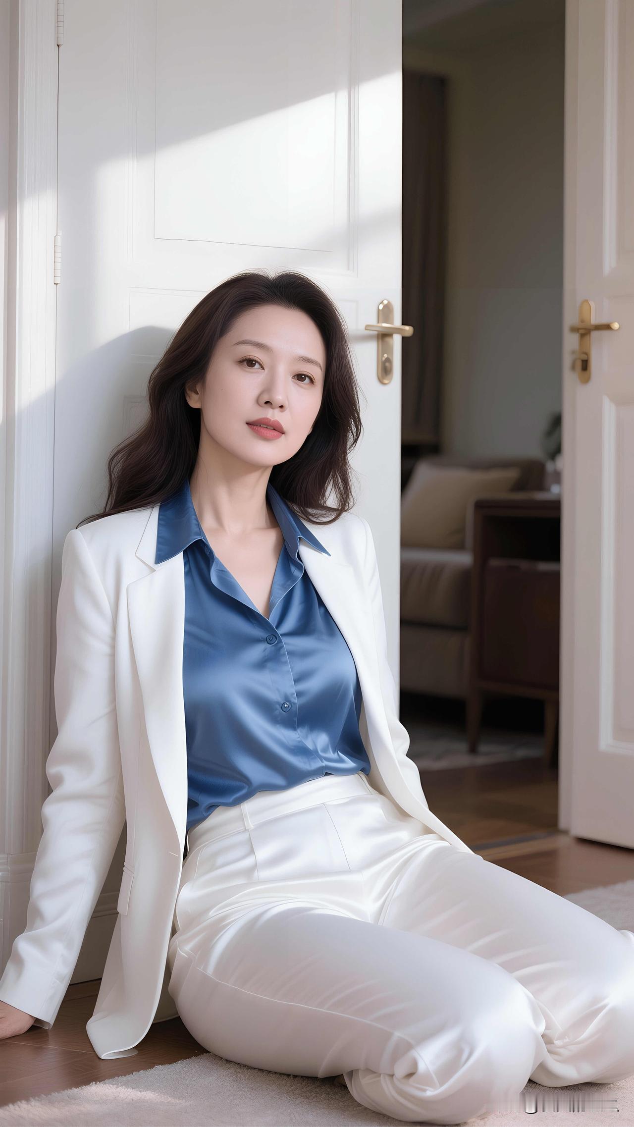 优雅白西装，自信坐门边，都市女性风范。