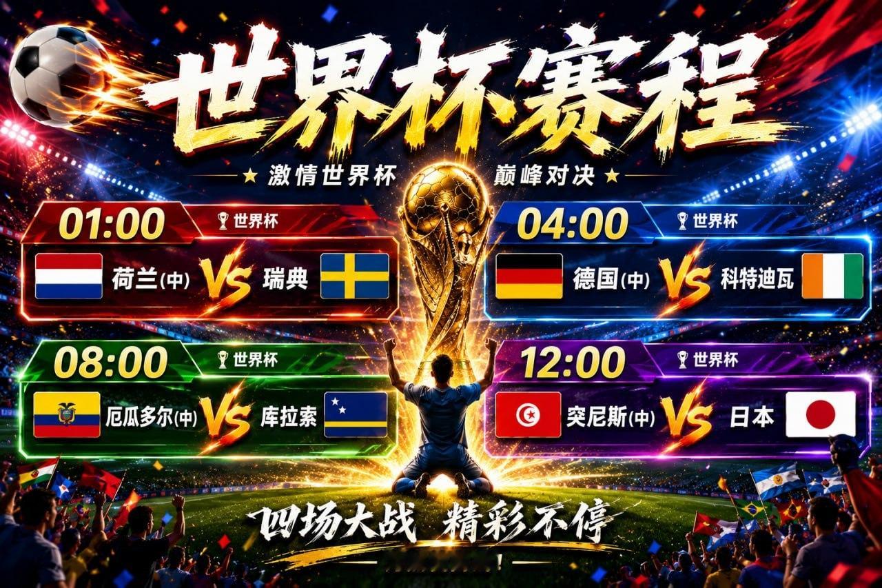 今日世界杯焦点赛事🔥01:00 荷兰vs瑞典 🔥04:00 德国vs科特迪瓦