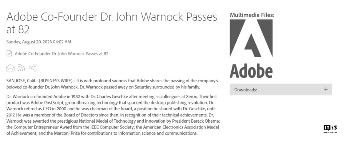 【Adobe联合创始人John Warnock博士去世，享年82岁】
据IT之家