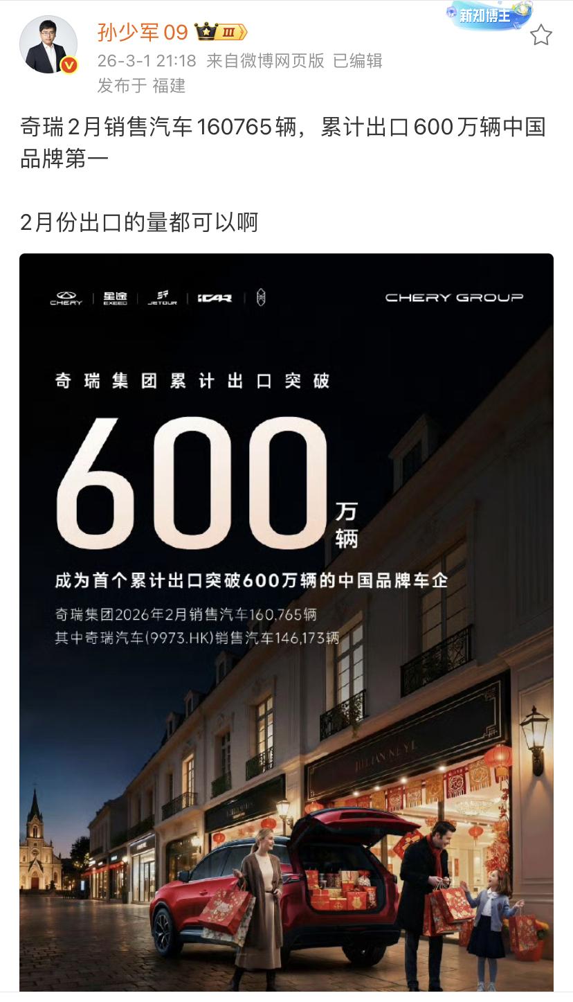 孙少军：奇瑞2月销售汽车160765辆，累计出口600万辆中国品牌第一！

奇瑞