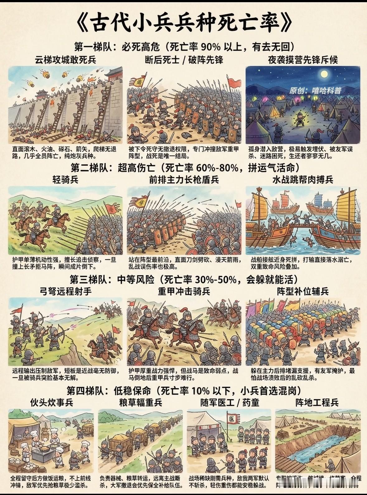 【古代小兵兵种死亡率】
最凶险的当属第一梯队必死高危兵种。云梯攻城敢死兵直面滚木