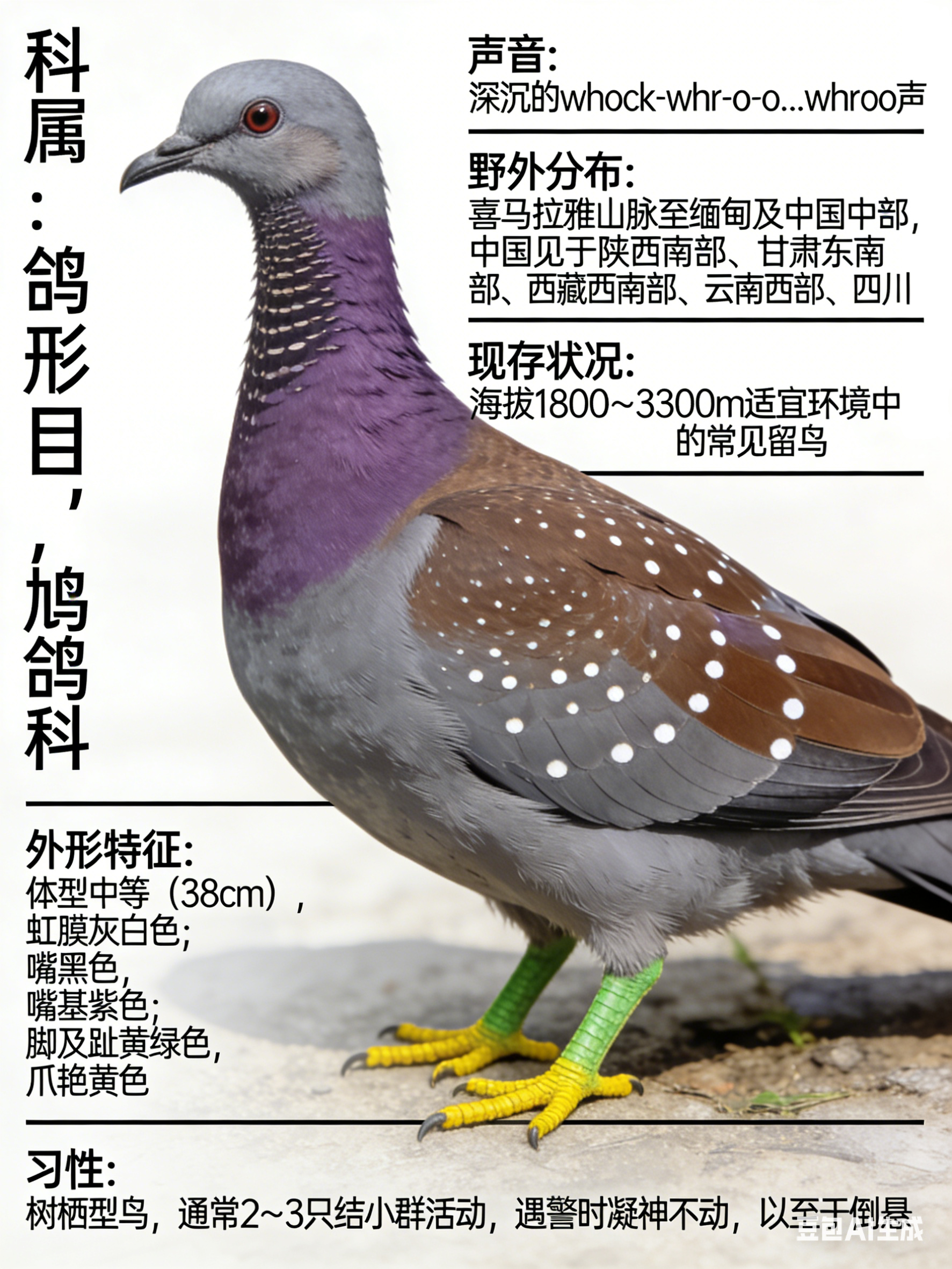 鸟类朋友图鉴 斑林鸽·科属：鸽形目，鸠鸽科。·外形特征：体型中等（38cm）的褐