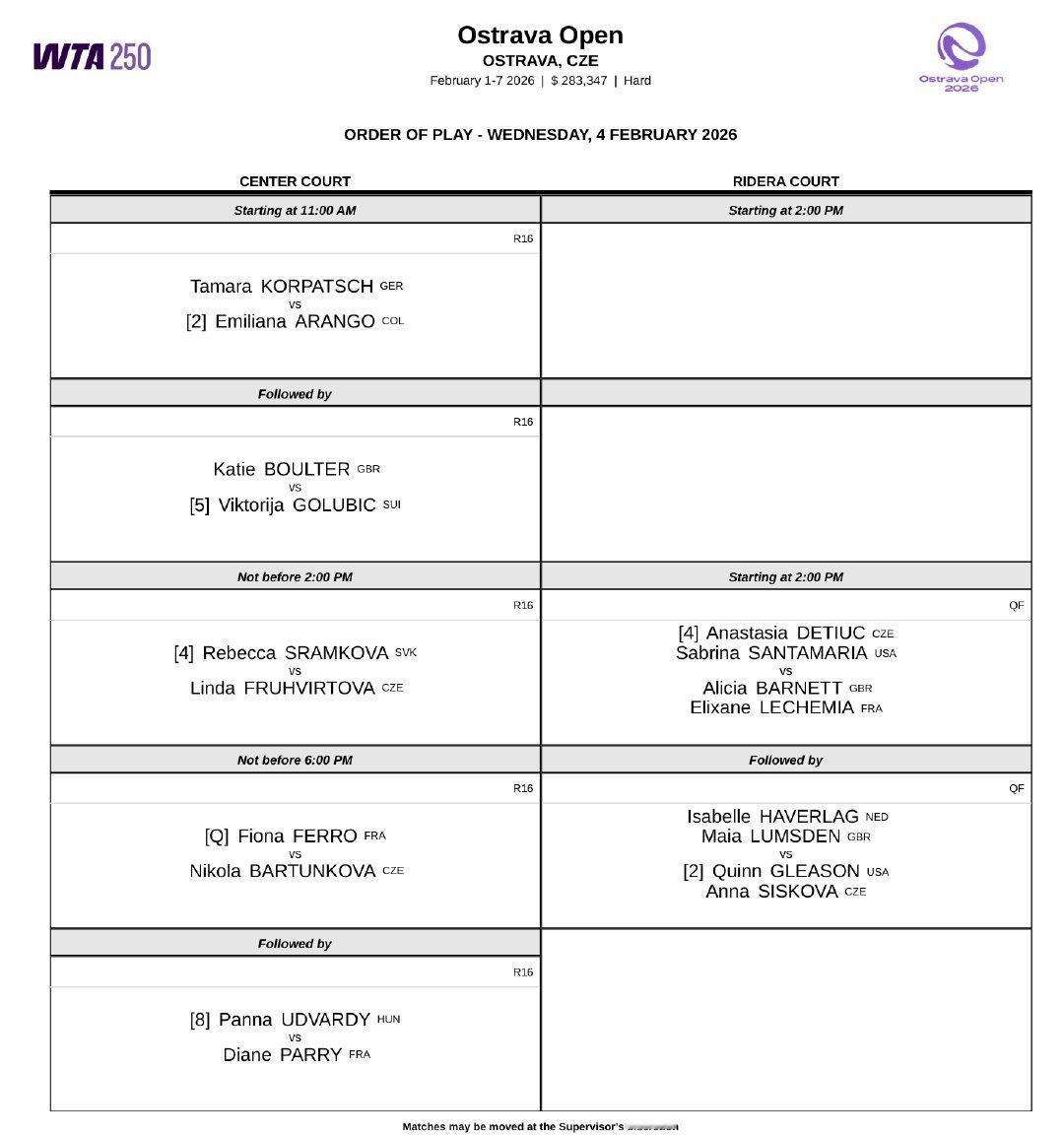 今日赛程📅📍WTA500阿布扎比站本西奇开启卫冕之旅，亚历山德洛娃、奥斯塔彭