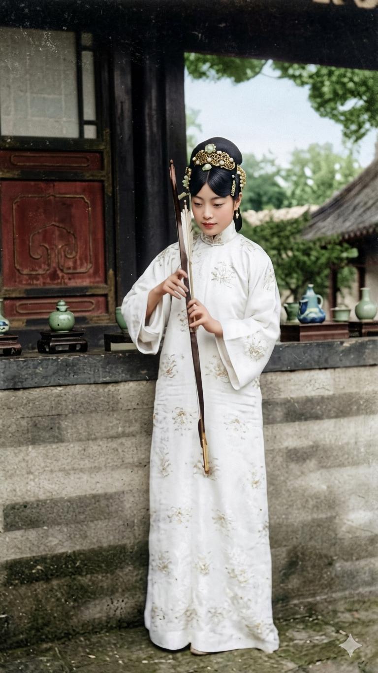 20世纪20年代，紫禁城，婉容身着素白色旗装长袍，头戴简洁旗头，手持长旱烟杆，低