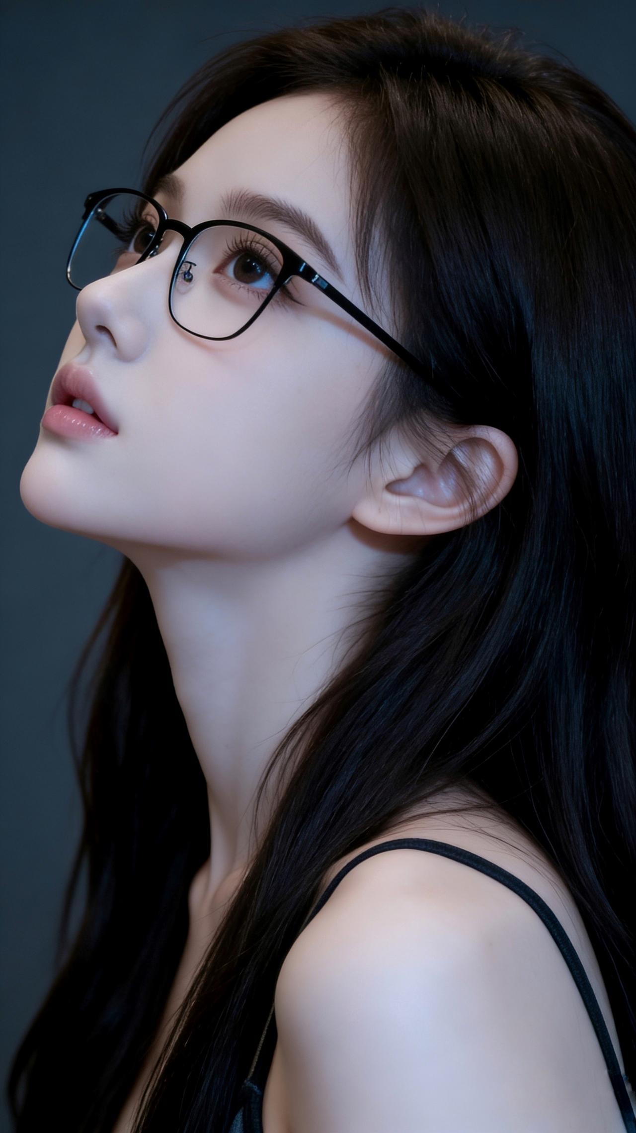 九帧同绘知性侧颜仙！乌发如瀑垂落泛柔光，黑框眼镜添书卷气，黑/灰吊带衬雪肌肩颈。