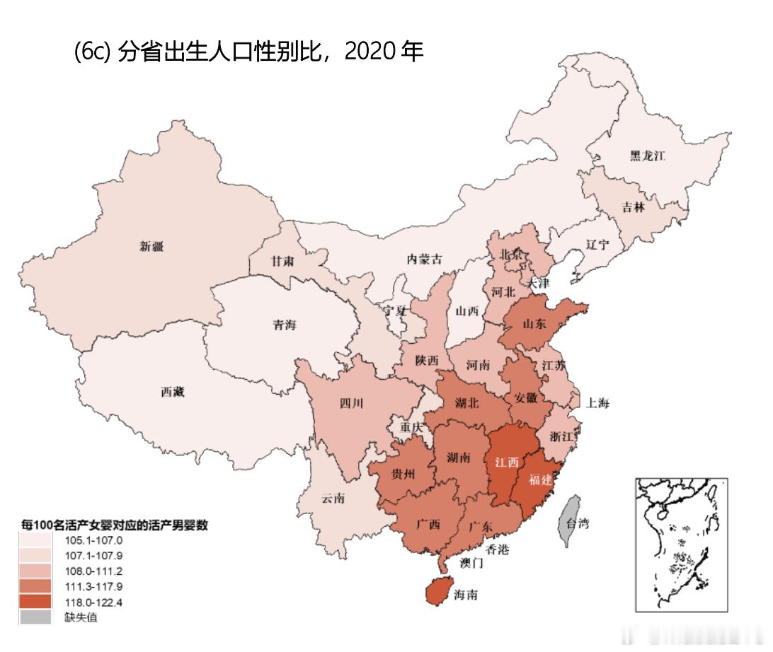 2020年人口普查，全国新生人性别比，越往南，男婴：女婴比例失衡越严重，最严重的