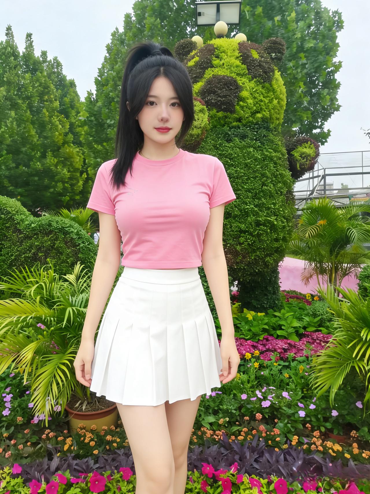 粉色短T恤是揉碎的晚霞
白百褶裙是叠起的月光
她站在花海中央，像
一朵刚醒的蔷薇