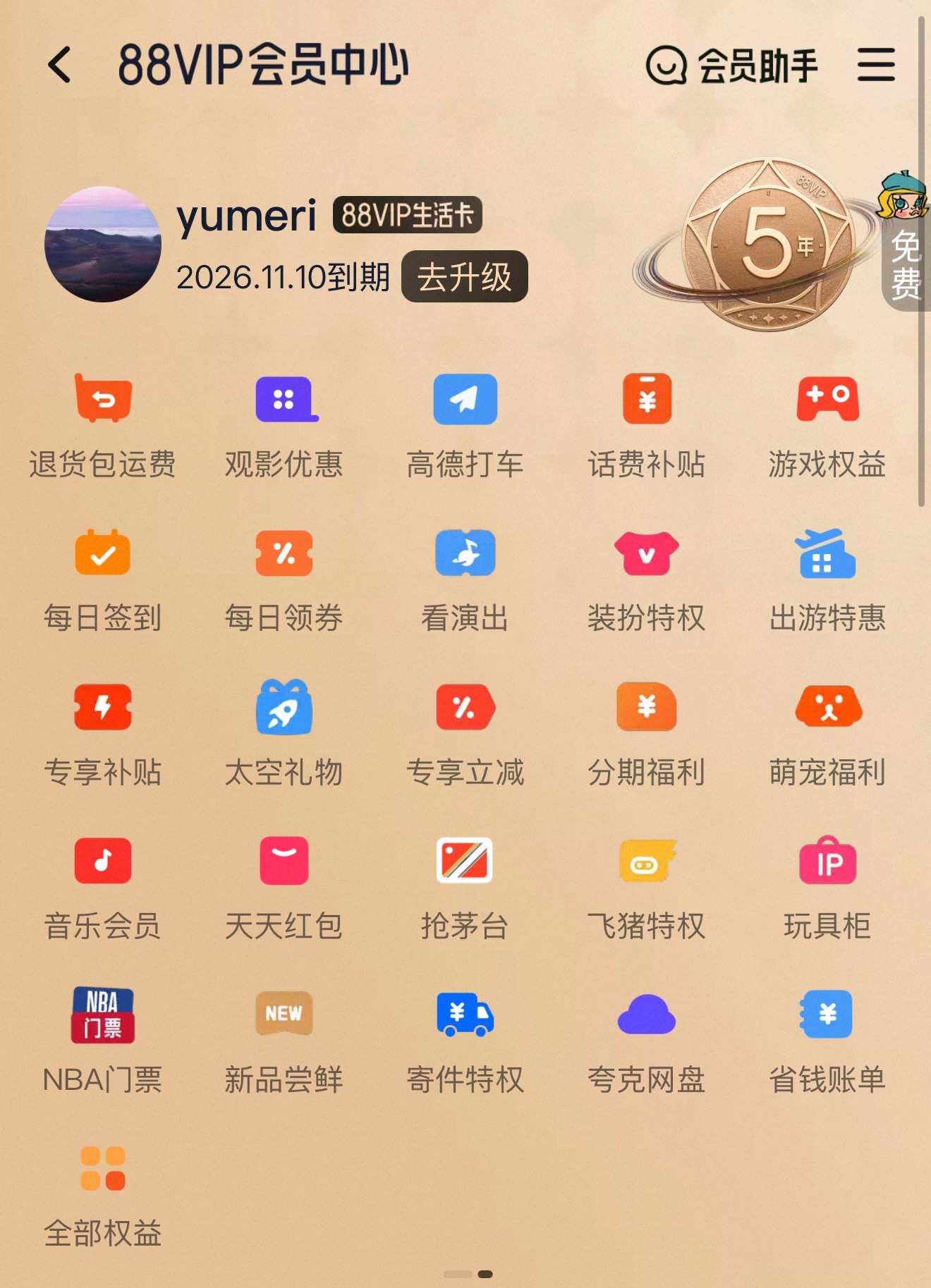 淘宝 88vip 会员中心 - 「全部权益」向右滑，下方有「NBA 门票」选项，