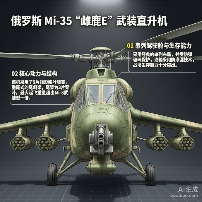 军事ai新视野 俄罗斯Mi-35“雌鹿E”武装直升机Mi-35是俄罗斯米里设计局