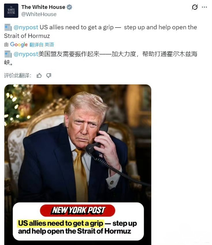 美国白宫今日引述媒体内容发帖：“美国盟友需要振作起来——加大力度，帮助打通霍尔木