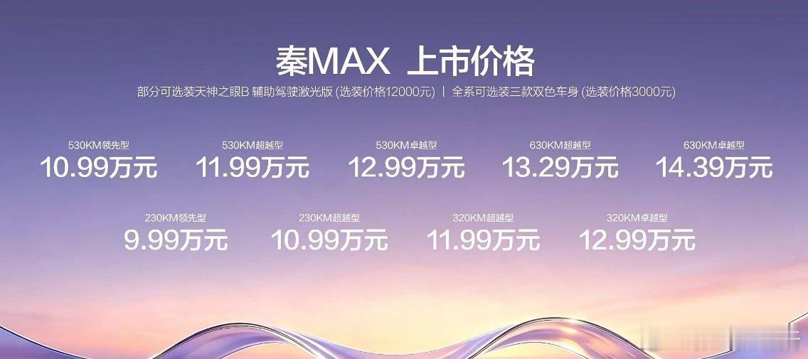 秦MAX的价格出来了，插混建议看320KM的版本，11.99万元起，纯电530K